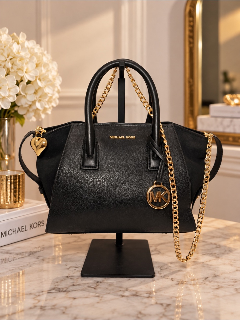 Michael Kors Avril Small Black Pebbled Leather & Suede Satchel